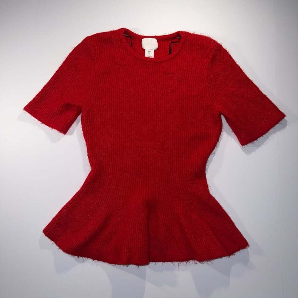 H&M Red Short Sleeve Rib Knit Peplum Sweater Top Size S